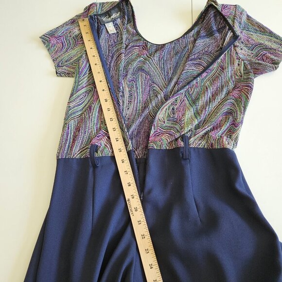 Cartise Intl Jumpsuit Womens 8 Navy Rainbow Wide Leg Palazzo Disco 90s VTG Boho - Picture 7 of 14